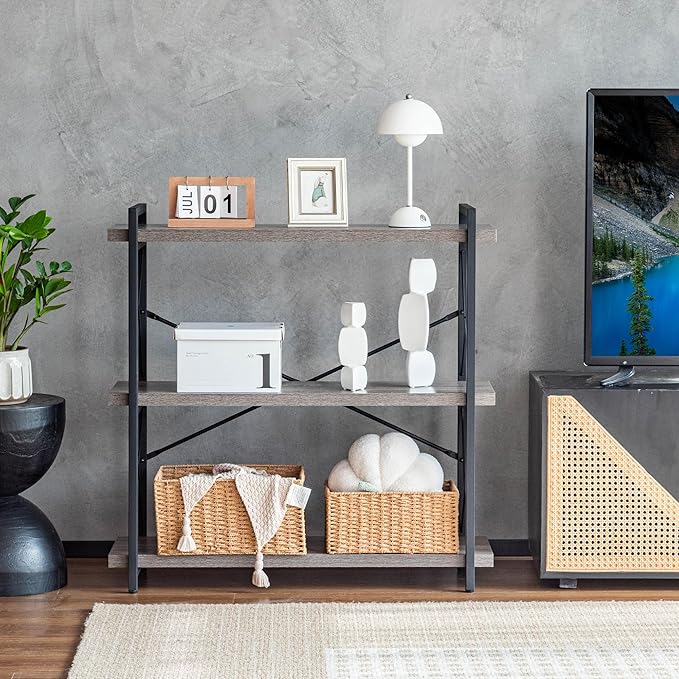 HCHQHS Bookshelf, 3-Tier Industrial Bookcase, Rustic Open Book Shelf, Freestanding Horizontal Bookshelves with Metal Frame