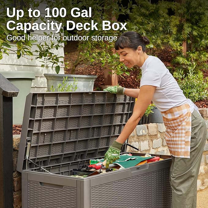 EAST OAK Outdoor Storage Box, 100 Gallon Deck Box, Waterproof Resin Storage Bench for Patio Cushions, Gardening Tools, Pool Accessories, Lockable, UV Resistant, Grey