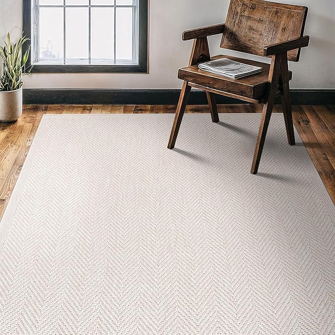 CAMILSON Easy Jute Rug 4x6, Indoor Outdoor Off-White Color Fiber Area Rugs for Living Room Patio and Kitchen Rug Herringbone Seagrass Woven Design Easy-Cleaning Washable Outside Carpet Alfombras 4 x 6