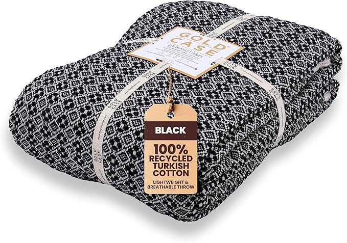 Gold Case Throw Blanket for Bed – 100% Recycled Turkish Cotton Bed Blanket – Decorative Throw Cotton Blankets for Living Room & Bedroom – Retro Black Woven Queen Blankets – 90x90