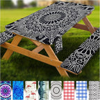 Picnic Table Cover with Bench Covers Vinyl Elastic Edges Fitted Rectangle Tables Seat Waterproof 3-Piece 96X30in Set Outdoor Rectangular Folding Backing Tablecloth Camping Over Size BlackMandala