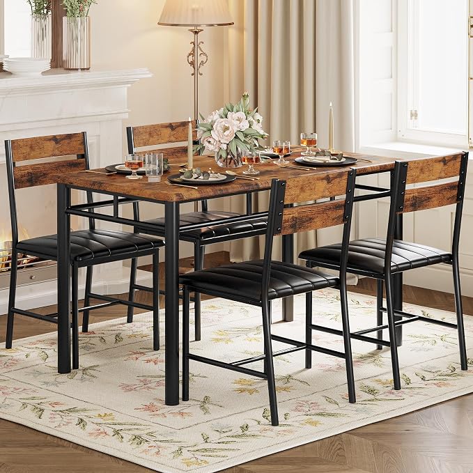 IRONCK Dining Table Set for 4, Rustic Brown | Wood Kitchen Table with Upholstered Chairs for Kitchen Room and Small Spaces