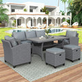 6 7 Pieces Patio Furniture Outdoor Sectional Sofa Conversation Set All Weather Wicker Rattan Couch Dining Table & Chair with Ottoman, Cc-Grey