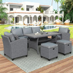 6 7 Pieces Patio Furniture Outdoor Sectional Sofa Conversation Set All Weather Wicker Rattan Couch Dining Table & Chair with Ottoman, Cc-Grey