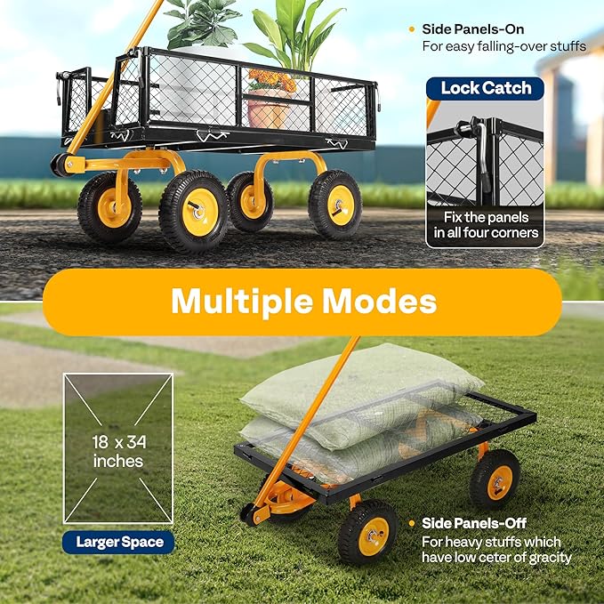VIVOHOME Heavy Duty 550 Lbs Capacity Mesh Steel Garden Cart Folding Utility Wagon with Removable Sides (Black)