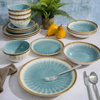 Gibson Elite Mayfair Bay 16-Piece Embossed Double Bowl Dinnerware Set, Service for 4 – Blue Stoneware Plates and Bowls