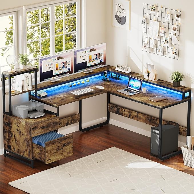 YITAHOME L Shaped Desk with Power Outlets & LED Lights, Reversible Computer Desk with Drawers & Hutch, Corner Desk Office Desk with Monitor Stand, Printer Stand, 2 Person Desk, Rustic Brown