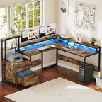 YITAHOME L Shaped Desk with Power Outlets & LED Lights, Reversible Computer Desk with Drawers & Hutch, Corner Desk Office Desk with Monitor Stand, Printer Stand, 2 Person Desk, Rustic Brown