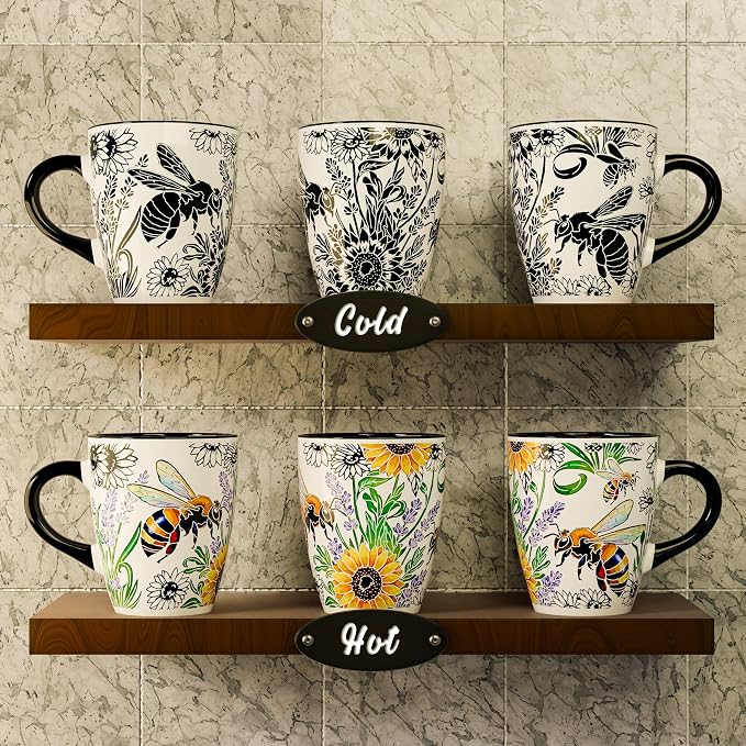Color Changing Bee Coffee Mug 12oz – Heat Sensitive Ceramic Cup with Floral Reveal – Bee and Sunflower Gifts for Women, Unique Coffee Mugs, Christmas Holiday Gift, Perfect for Coffee, Tea or Cocoa
