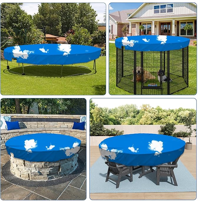 ECOOPTS 10 ft Waterproof Round Polyester Pool Cover for Above Ground Pools, Swimming Pool Cover Protector Winter Safety Cover (Blue Sky)