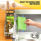 Cisily Kitchen Sink Caddy Organzier with High Brush Holder, Sponge Holder for Sink, 304 Rustproof Stainless, Kitchen Countertop Soap Dispenser Organizer (Silver With Towel Rack, 9.25″)
