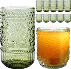 Green Drinking Glasses Set of 12, 16 Oz Highball & 13 Oz Cocktail Glasses, Green Kitchen Vintage Glassware Set, Floral Embossed Glass Tumbler Cups for Coffee, Beer, Water, Whiskey, Juice