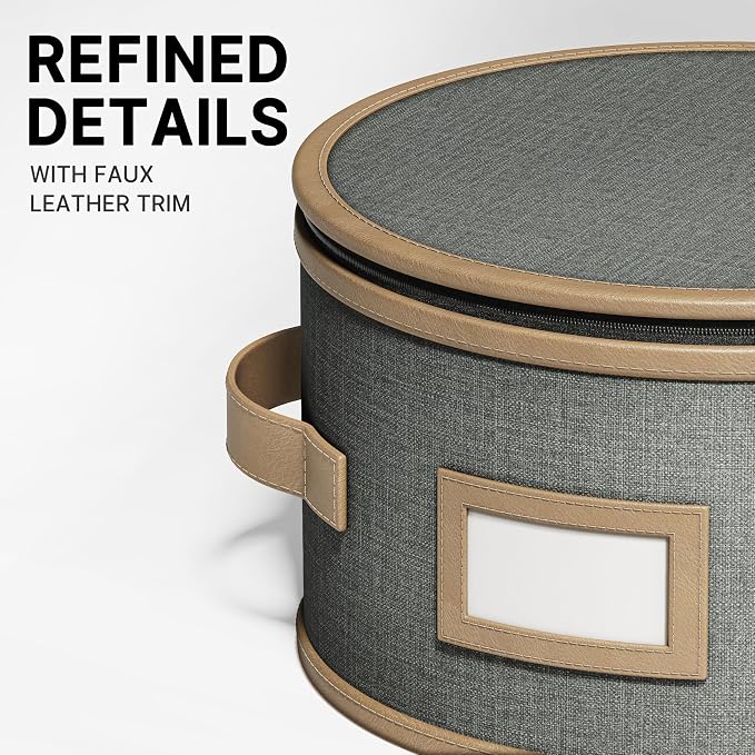 Hard Shell China Storage Containers – 4 Piece Set for Storing Dinner Plates, Salad Plates, Quilted Dividers for Safe Moving and Seasonal Storage, Grey with Brown Edging