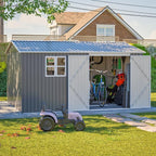 12x10 FT Shed Outdoor Storage Metal Large Garden Tool Sheds with Window Lockable Doors Sloping Roof Floor Frame Waterproof Steel Utility Equipment Shed for Backyard Patio Lawn Poolside, Grey