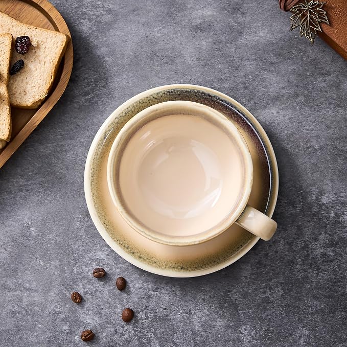 Coffeezone Vintage Design 12 oz Ceramic Latte Art Cappuccino Barista Cup with Saucer (Brown)