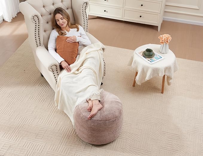 Round Pouf Ottoman 20"x15" Bean Bag Ottoman Soft Top Comfortable Small Foot Stool Foot Rest Pouf Brown Tall Footstool Ottomans Round Hassock Fluffy Boho Furniture Small Ottomans for Living Room
