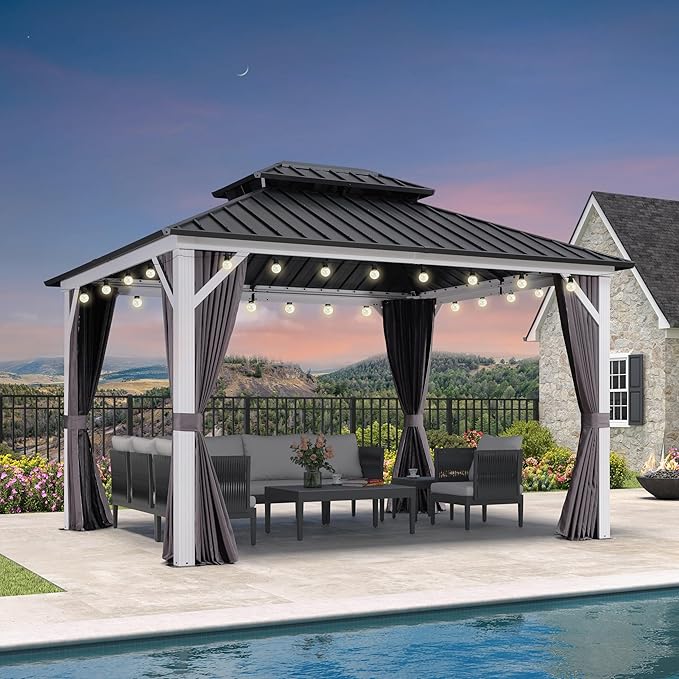 PURPLE LEAF 10' X 12' Gazebo White Aluminum Frame Galvanized Double Roof Hardtop Gazebo Curtains and Netting Included with String Lights for Garden Deck Lawns and Backyard, Grey