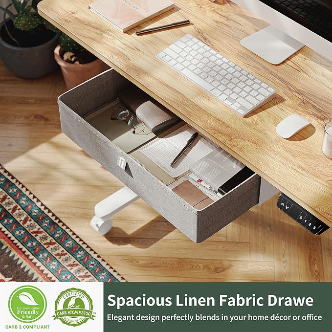 FEZIBO 55 x 24 Inches Standing Desk with Drawer, Adjustable Height Electric Stand up Desk with Storage, Sit Stand Home Office Desk, Ergonomic Computer Desk, Light Rustic