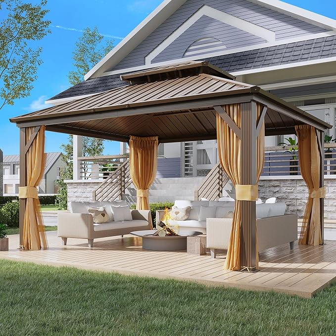 YOLENY 12' x 14' Gazebo, Hardtop Gazebo with Aluminum Frame, Double Galvanized Steel Roof, Curtains and Netting Included, Metal Gazebos Pergolas for Patios, Garden, Parties, Lawns
