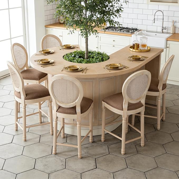 French Country Barstool, Linen Farmhouse Counter Height Chair | Set of 6, with Rattan Round Back and Solid Wood Legs, Oval Chairs for Restaurant, Bar, Kitchen, Café, Brown