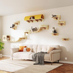 Cat Wall Furniture, 16 in 1 Cat Shelves w/Tunnel & Bridge, Beige | Wall Mounted Cats Shelf Set with Plush Fabric, Cat Climbing Wall Systems for 16 Inch Drywall, with Scratching Posts, Condos