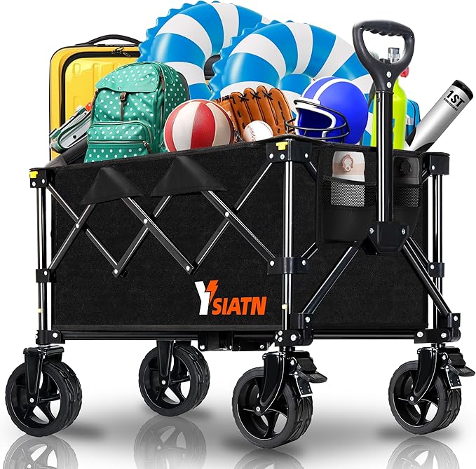 Collapsible Wagon Cart with Wheels Foldable, Folding Wagon Cart with All Terrain Wheel, Large Grocery Carts On Wheels, Heavy Duty Utility Wagons for Shopping Beach Sports Fishing Camping, 110L, Black