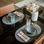 LINE+ARC Oval Silicone Degrē Placemats, Stonewash (20.5"x13", Set of 2) | Modern dining table mats with 3mm raised spill rim, waterproof, heat-safe, stain-resistant, non-slip design, blue
