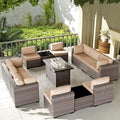 Kullavik 13PCS Outdoor Patio Furniture Set with 43" 55000BTU Gas Propane Fire Pit Table PE Wicker Rattan Sectional Sofa Patio Conversation Sets,Khaki