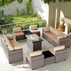 Kullavik 13PCS Outdoor Patio Furniture Set with 43" 55000BTU Gas Propane Fire Pit Table PE Wicker Rattan Sectional Sofa Patio Conversation Sets,Khaki