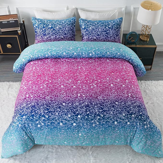 Litanika Galaxy Comforter Twin(66x90lnch), 3 Pieces(1 Blue Glitter Ombre Comforter, 2 Pillowcases), 3D Colorful Rainbow Bedding Set, Microfiber Comforter Set for Kid Boy Girl Teen