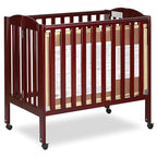 Dream On Me 3 in 1 Portable Folding Stationary Side Crib in Cherry, Greenguard Gold Certified, Safety Wheel with Locking Casters, Convertible, 3 Mattress Heights