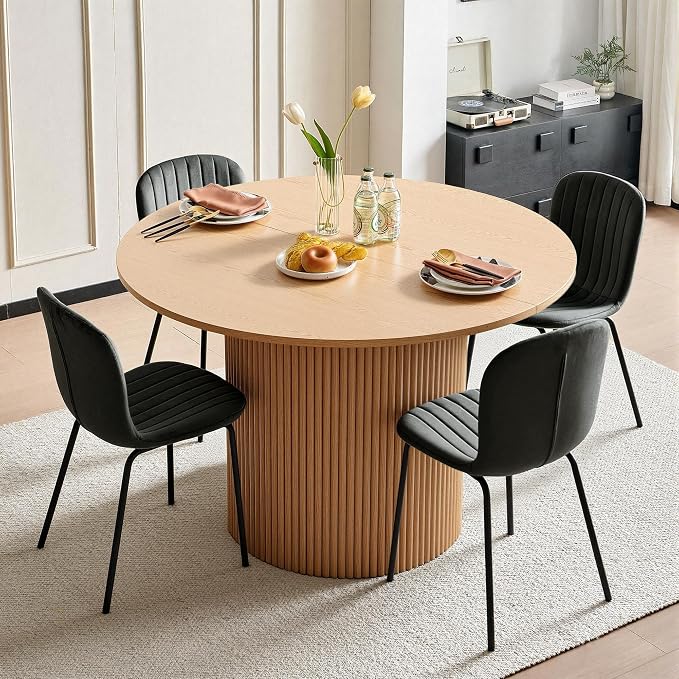 5 Piece Round Dining Table Set for 4, Mid Century Modern Wooden Kitchen Table and Chairs, Space-Saving Small Dinette Set (47 Inch Oak Table+4 Black Chairs)