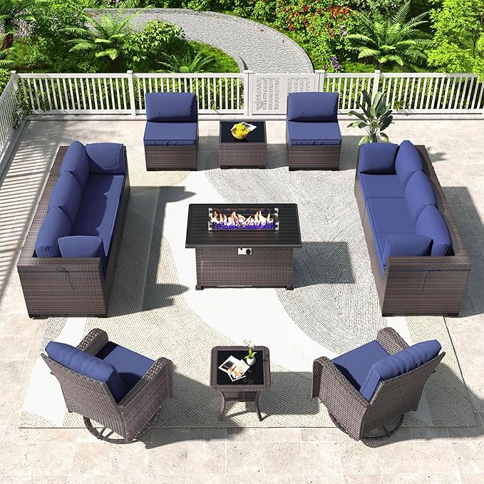 Kullavik 13PCS Outdoor Patio Furniture Set,PE Wicker Rattan Sectional Sofa Patio Conversation Sets with 43" 55000BTU Gas Propane Fire Pit Table,Swivel Rocking Chairs Set,Navy Blue