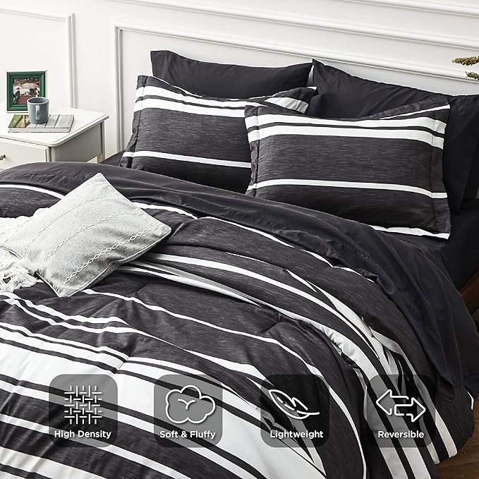Bedsure Bed in a Bag King Size 7 Pieces, Black White Striped Bedding Comforter Sets All Season Bed Set, 2 Pillow Shams, Flat Sheet, Fitted Sheet and 2 Pillowcases