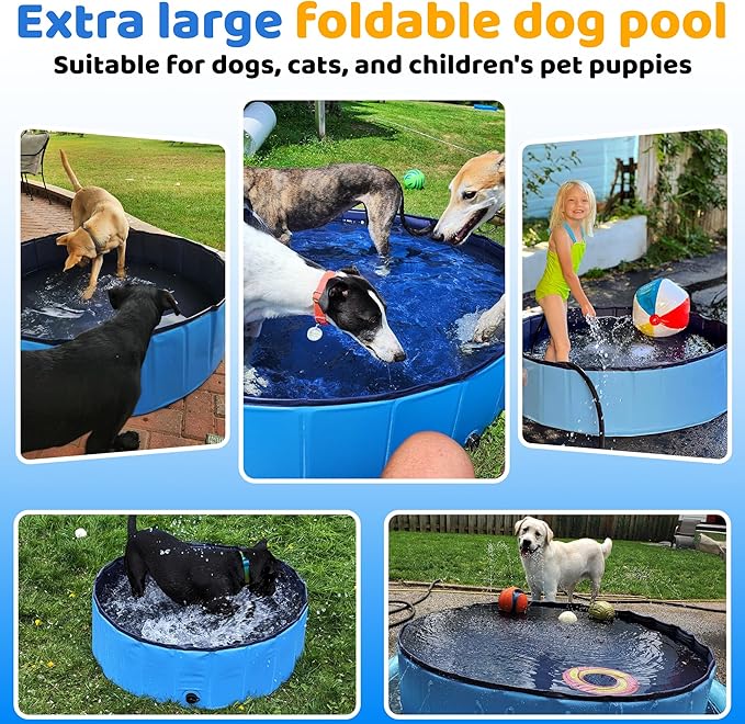 39.5" x 12" Foldable Dog Pool - Collapsible Hard Plastic Kiddie Pool for Dogs & Kids, Non-Slip Pet Bath Tub for Outdoor Backyard Use, Lightweight & Portable (Blue)