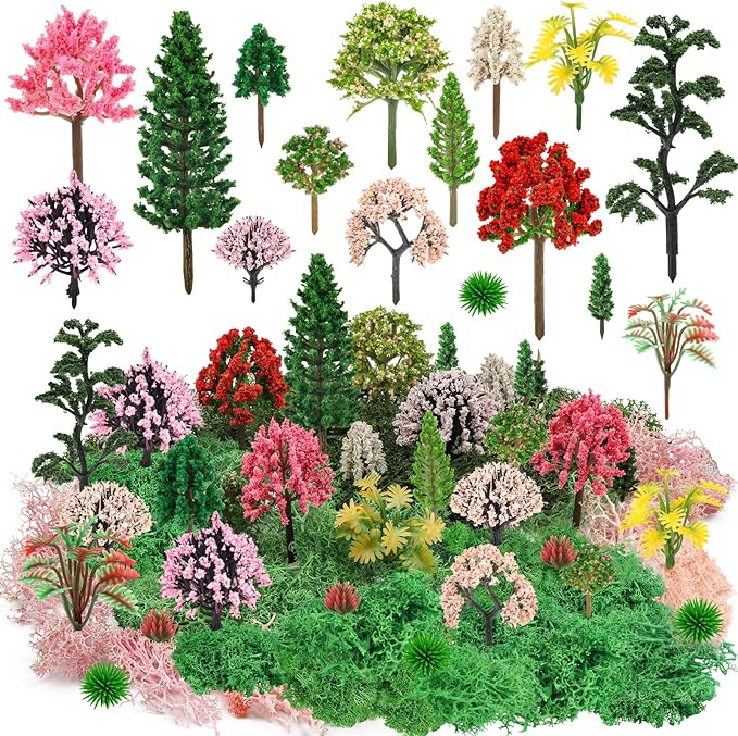 36 Pcs Mixed Model Trees with 40g Moss Pink and Green, Diorama Trees Grass Mini Fake Miniature Trees Moss for Building Model, Model Train Scenery, Natural Green Landscape, Railroad Scenery