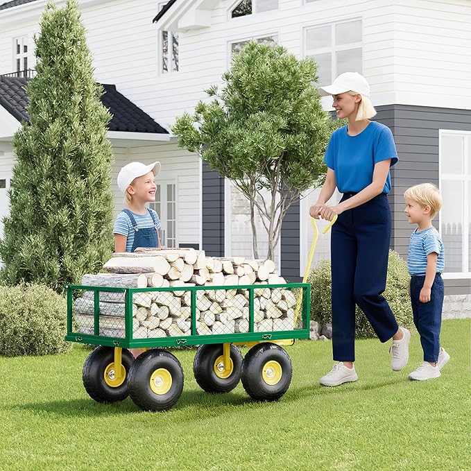 500 Lbs Garden Wagon, 2-in-1 Heavy-Duty Steel Garden Cart, with 10 Inch All-Terrain Tires and Removable Mesh Side Panels, 180° Rotating Handle, Metal Multi-Function Carts, Outdoor Gardens Wagon Cart
