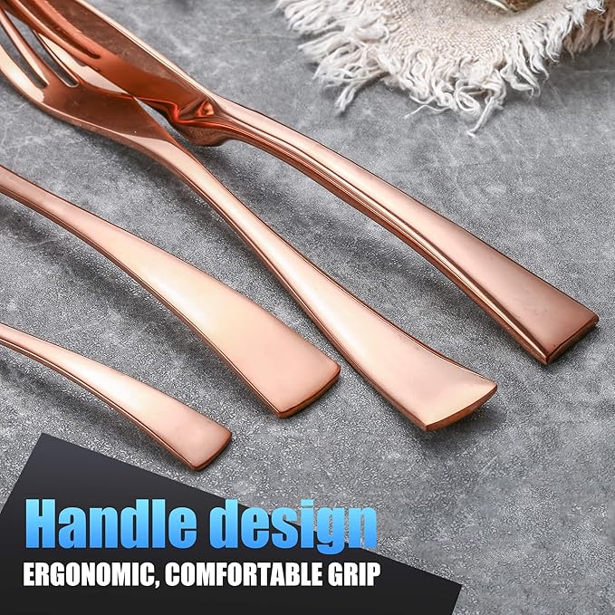 Lemeya 24-Piece Rose Gold Silverware Set for 6,18/10 Stainless Steel Cutlery Set with Forged Stand Knife,Modern Flatware Utensils Set,Forks Spoons and Knives Set,Mirror Polished,Dishwasher Safe