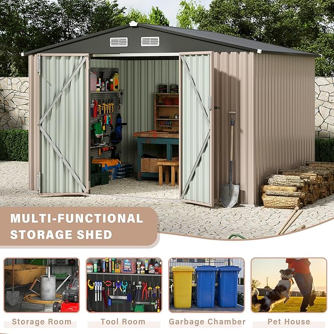 10x12 FT Metal Storage Sheds Outdoor, Metal Yard Sheds Garden Shed Kit, Tool Shed with Lockable Door, Utility Sheds Buildings with Air Vent for Backyard Garden Patio Lawn