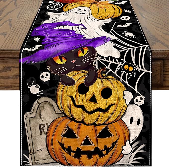 Halloween Table Runner 90 Inches Long Pumpkin Black Cat Halloween Table Runners Happy Halloween Boo Ghost Theme Decor for Kitchen Dining Table Home Party Decorations
