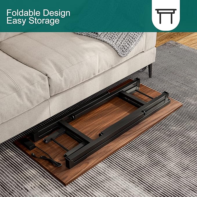 Frylr Small Foldable Desk 43.3''X 19.6''X 29.5'',Foldable Table with 2 Power Sockets and 2.1A USB Charging Ports, Folding Computer Desk for Home Office, No Install Needed, Walnut + Black Leg