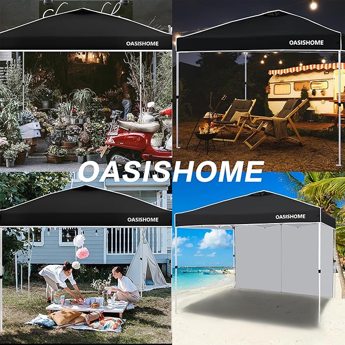 OASISHOME Pop-up Portable Outdoor Canopy Tent 10'x10' Instant Gazebo, with 1 Sidewall, Carry Bag, Stakes, Ropes, for Outdoor/Beach/Patio/Wedding Parties and Commercial Events (10FTx10FT, Black)