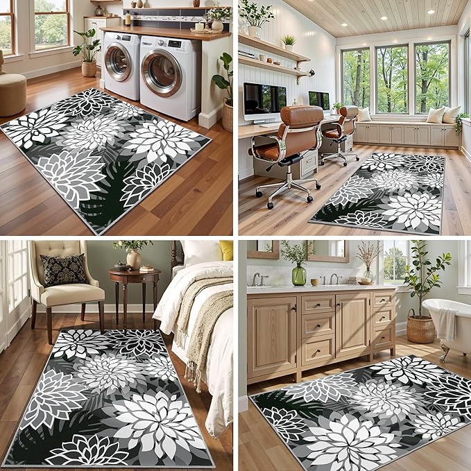 Area Rug 3x5 Black White Washable Entry Rug Multicolored Tropical Botanical Modern Floral Indoor Kitchen Door Mat Entrance Carpet Non Slip for Bedroom Living Room, Porch