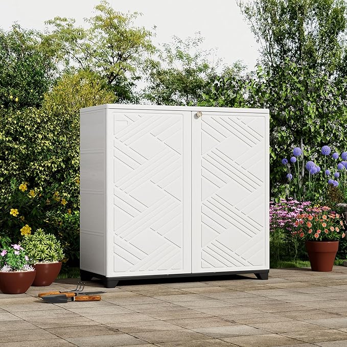 ZZM Indoor/Outdoor Storage Cabinet Waterproof, 34"x15"x34" Plastic Outdoor Storage Box for Garden Balcony Bathroom, All Weather Outdoor Storage Clearance, DIY Usage, with 2 Shelf (White)
