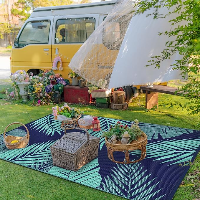 GENIMO Outdoor Rug 8' x 10' Waterproof for Patios Clearance, Reversible Outdoor Plastic Straw Camping Rug Carpet, Large Area Rugs Mats for RV, Camper, Deck, Balcony, Porch, Beach, Navy Blue&Jade Green