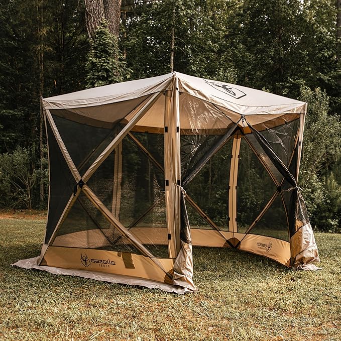 Gazelle Tents™, G5 5-Sided Portable Gazebo, Easy Pop-Up Hub Screen Tent, Durable, TriTech Mesh, Waterproof, UV Resistant, 4-Person & Table, Desert Sand, 85" x 115" x 106", GG502DS