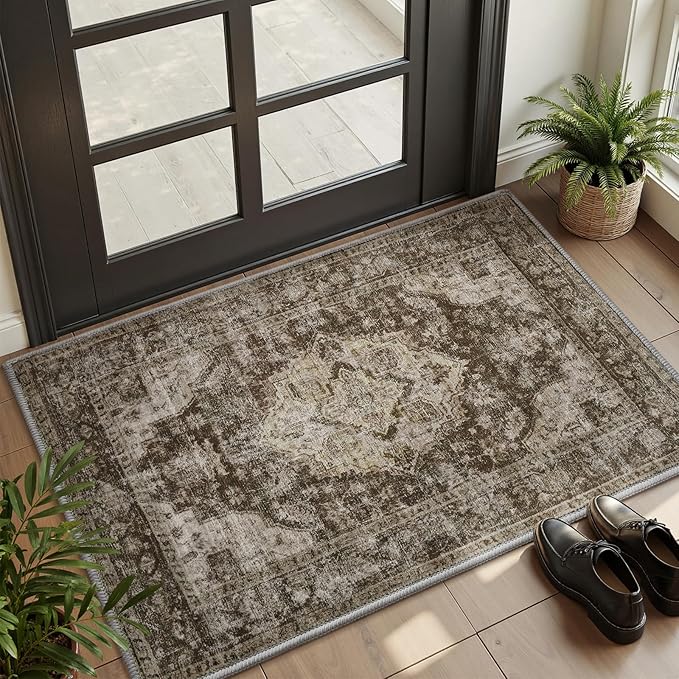 AMOAMI-2X3 Small Rug-Washable Rugs Entryway Mat Indoor-Soft Vintage Non Slip Rugs for Kitchen Laundry Room Bathroom Brown/Coffee Decorative Accent Rug for in Front of Sink 24 Inch x36 Inch