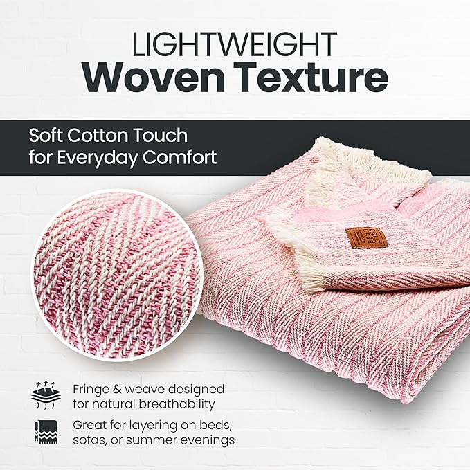 Gold Case Throw Blanket for Couch – 100% Recycled Turkish Cotton Blankets & Throws – Elegant Decorative Throw Blankets for Living Room Sofa – Woven Throws for Couch – Vintage Pink – 60x80