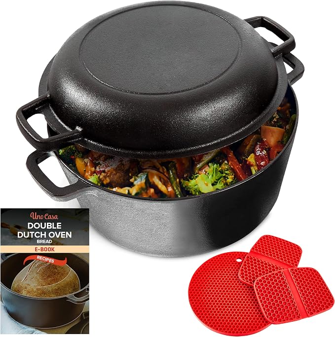 Uno Casa 2-in-1 Cast Iron Dutch Oven Large - 5 Quart Dutch Oven Pot with Lid, Pre-Seasoned Cooking Dish for Bread Baking and Stews - Heavy Duty Cast Iron Pot with Detachable Frying Pan Lid for Versatile Cooking