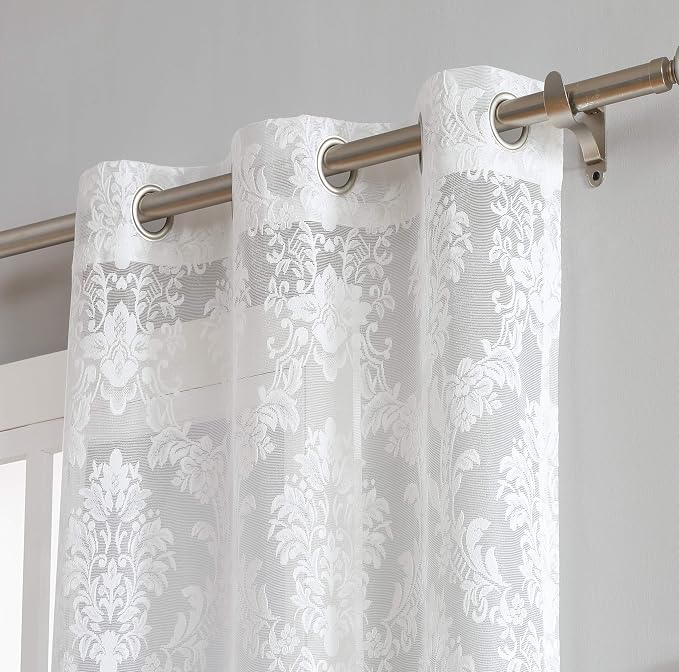 LinenZone 38 x 96 Luxury Ivory Knitted Lace Curtains. (Lisa 38 x 96, Ivory) | 2 Elegant Knitted Lace Curtains with Floral Damask Design and Scalloped Bottom in 63, 84 and 96 Inch Sizes.